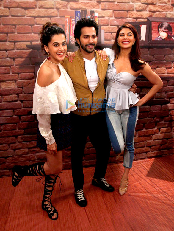 Varun Dhawan, Jacqueline Fernandez and Taapsee Pannu snapped promoting ‘Judwaa 2’ at Mehboob Studio