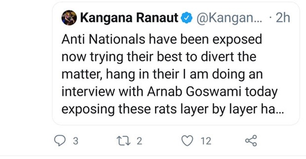 Rohit Sharma, Arnab Goswami, Anti-Nationals! Two of Kangana Ranaut’s tweets deleted as it violated Twitter rules