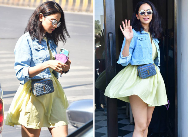 Rakul Preet Singh Pairs Yellow Mini Dress With Denim Jacket Yves Saint Laurent Bag Worth Rs 80 956 And Nike Sneakers Bollywood News Bollywood Hungama