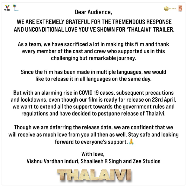 Kangana Ranaut starrer Thalaivi release postponed owing to rise in COVID-19 cases