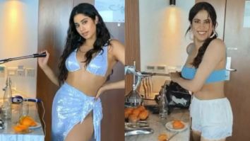 Janhvi Kapoor shares videos while struggling with a juice squeezer in a hot blue bikini top and shimmery thigh-high slit sarong