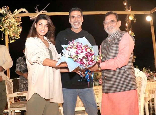 Jacqueline Fernandez and Akshay Kumar meet Administrator Praful Patel as they shoot for Ram Setu in Daman