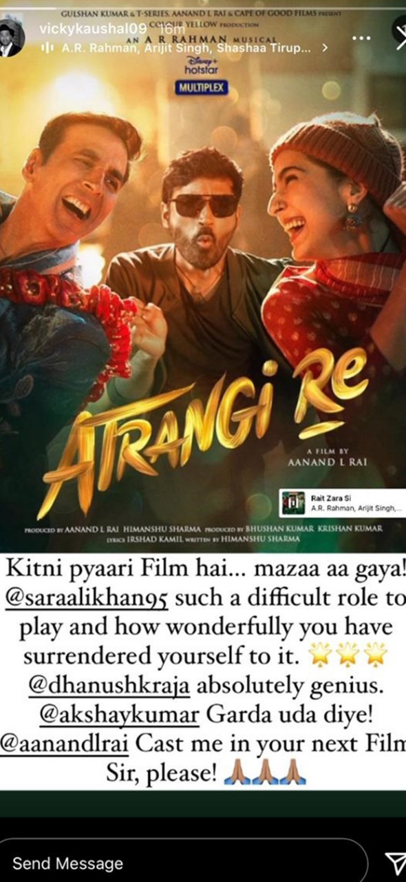 Vicky Kaushal praises Atrangi Re, heaps praises on Sara Ali Khan, Dhanush and Akshay Kumar