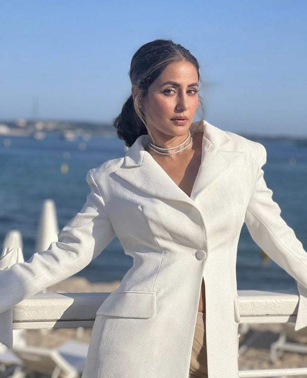 Cannes 2022: Hina Khan gives powersuit trend a chic twist  in white jacket and beige mini skirt at the French Riveria