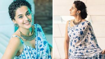 Taapsee Pannu is giving us major saree goals in blue georgette printed saree worth Rs. 9,800 for Shabaash Mithu promotions
